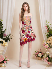 Strapless 3D Floral Short Yellow Homecoming Mini Dress