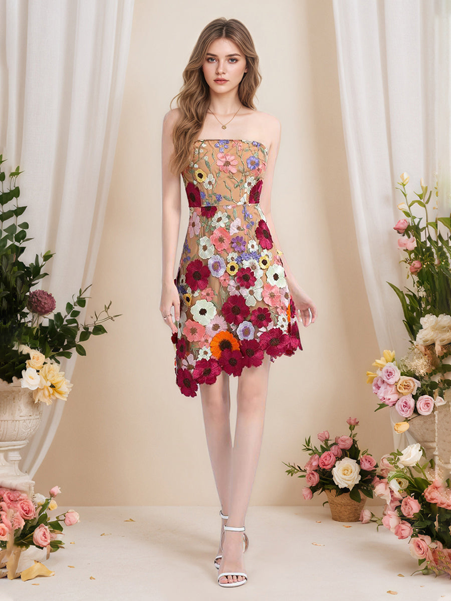 Strapless 3D Floral Short Yellow Homecoming Mini Dress