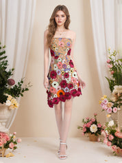 Strapless 3D Floral Short Yellow Homecoming Mini Dress