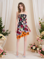 Strapless 3D Floral Short Yellow Homecoming Mini Dress