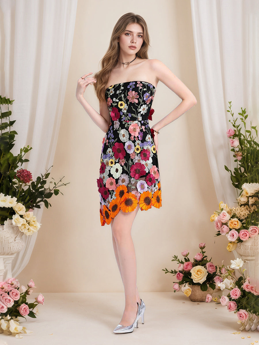 Strapless 3D Floral Short Yellow Homecoming Mini Dress