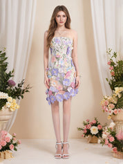 Strapless 3D Floral Short Yellow Homecoming Mini Dress