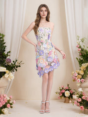 Strapless 3D Floral Short Yellow Homecoming Mini Dress