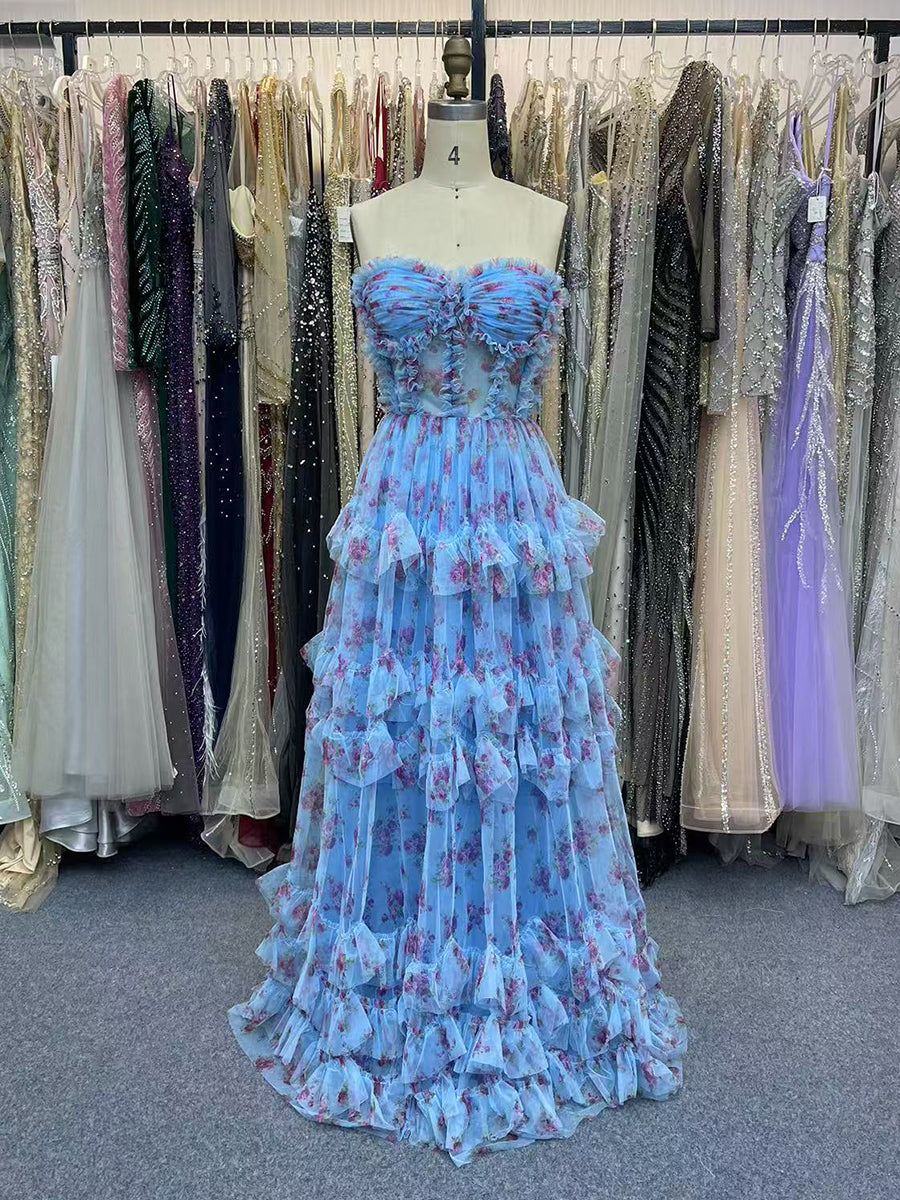 Dreamylily Prom Dress Blue Strapless Floral Tulle Ball Gown with Tiered  Ruffles