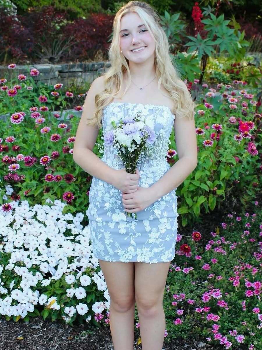 Strapless Bodycon Lace Up Short Homecoming Dress with Floral Lace Embroidery