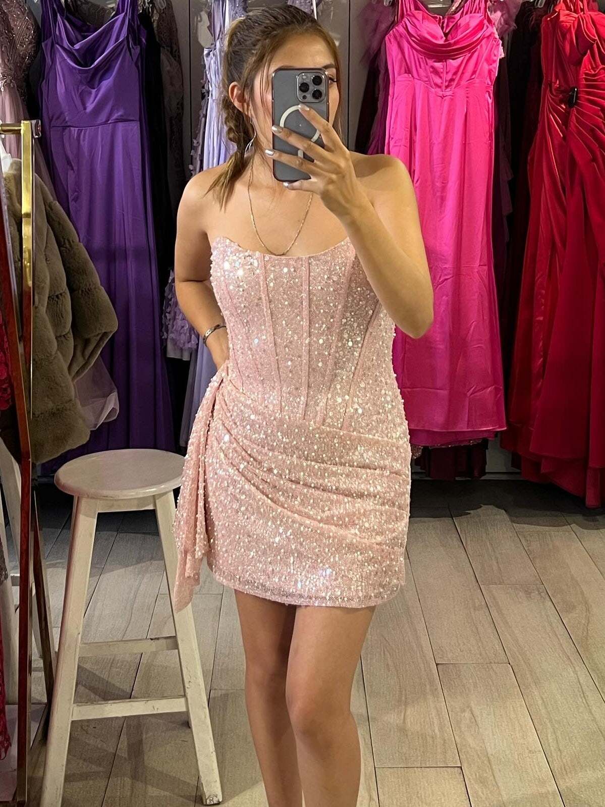 Strapless Light Pink Sequin Ruched Short Homecoming Mini Dress