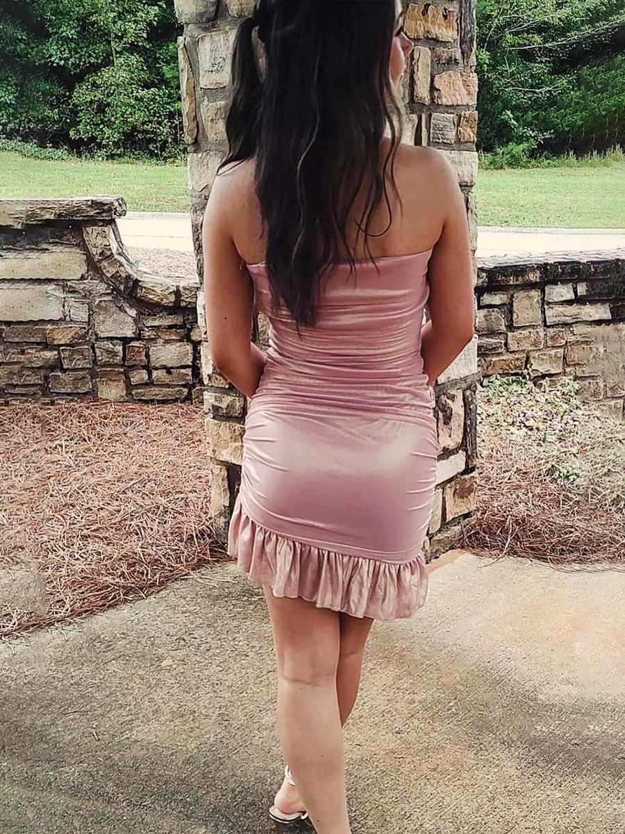 Strapless Pink Tight Mini Homecoming Dress with Ruffles