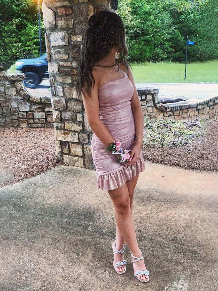 Strapless Pink Tight Mini Homecoming Dress with Ruffles