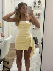 Strapless Ruched Asymmetrical Hem Mini Homecoming Dress