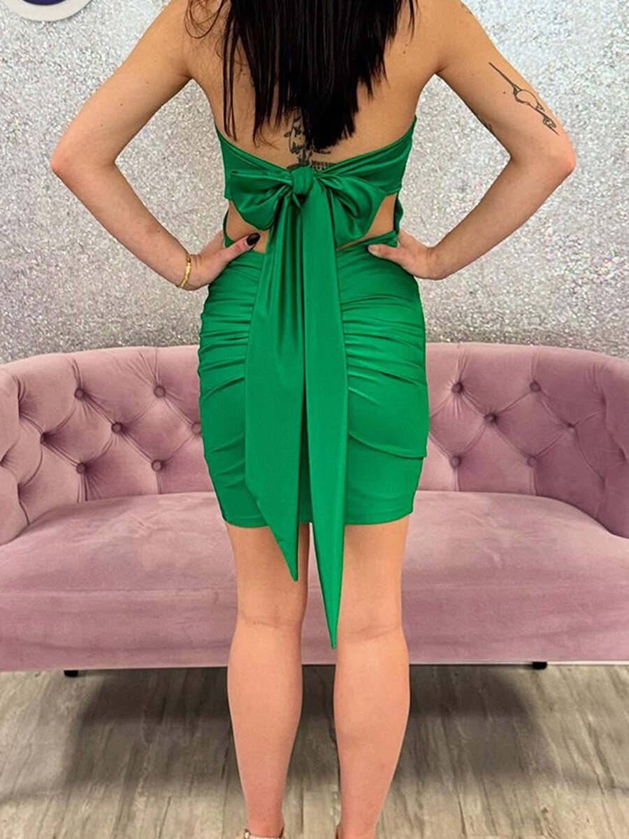 Strapless Short Tight Satin Green Homecoming Dress with Bow