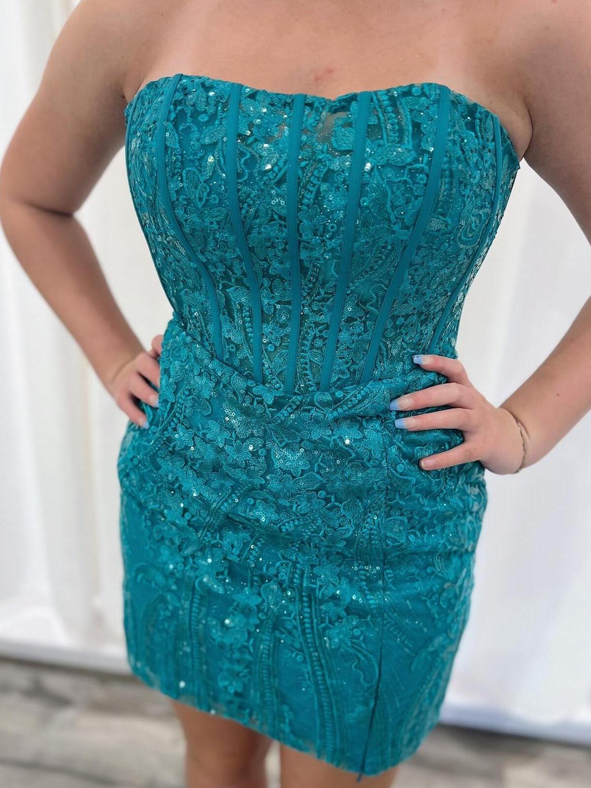 Strapless Turquoise Appliques Bodycon Short Homecoming Dress