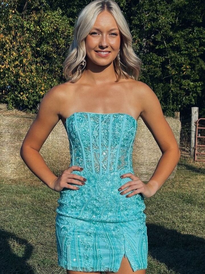 Strapless Turquoise Appliques Bodycon Short Homecoming Dress