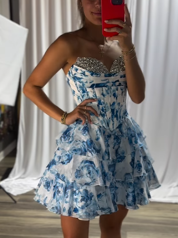 Sweetheart Strapless A-Line Empire Beaded Floral Homecoming Dress