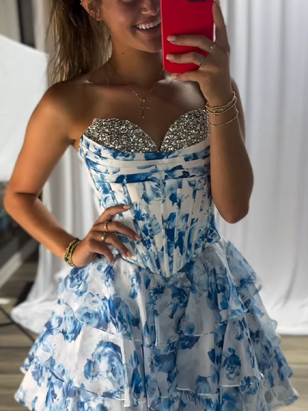 Sweetheart Strapless A-Line Empire Beaded Floral Homecoming Dress