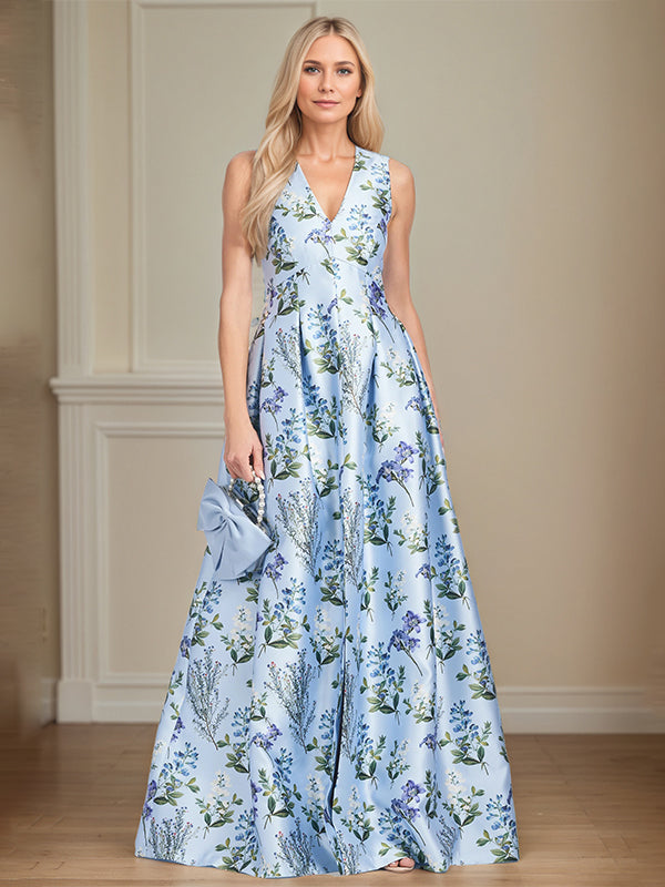 Dreamylily Women A-Line V-Neck Light Blue Floral Mother of the Bride Dress
