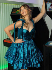 Teal A-line Straps Sweetheart Short Homecoming Dress with Bowe