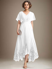 A-line V-Neck Asymmetrical Lace Chiffon Mother of the Bride Dress With Pleated