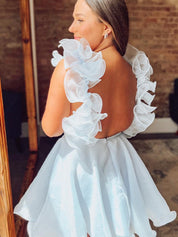 White A Line Surplice Ruffles Straps Tulle Homecoming Dress