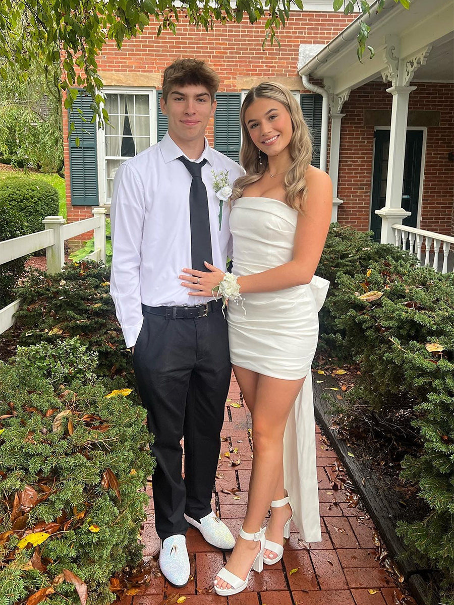 White Strapless Back Bow Ruched Short Homecoming Dress