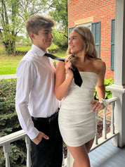 White Strapless Back Bow Ruched Short Homecoming Dress