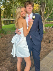 White Strapless Back Bow Satin Short Homecoming Dress