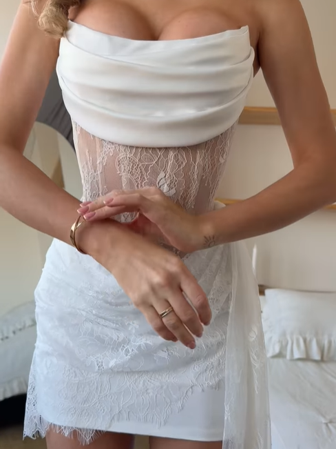 White Strapless Lace Corset Homecoming Dress with Draped Tulle Skirt