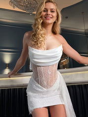White Strapless Lace Corset Homecoming Dress with Draped Tulle Skirt