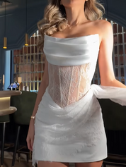 White Strapless Lace Corset Homecoming Dress with Draped Tulle Skirt