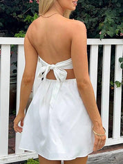 White Strapless Short Homecoming Graduation Dress with Bow Back