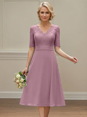 Wisteria A-line V-Neck Tea-Length Chiffon Lace Mother of the Bride Dress with Appliques