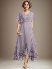 A-line V-Neck Asymmetrical Lace Chiffon Mother of the Bride Dress With Pleated