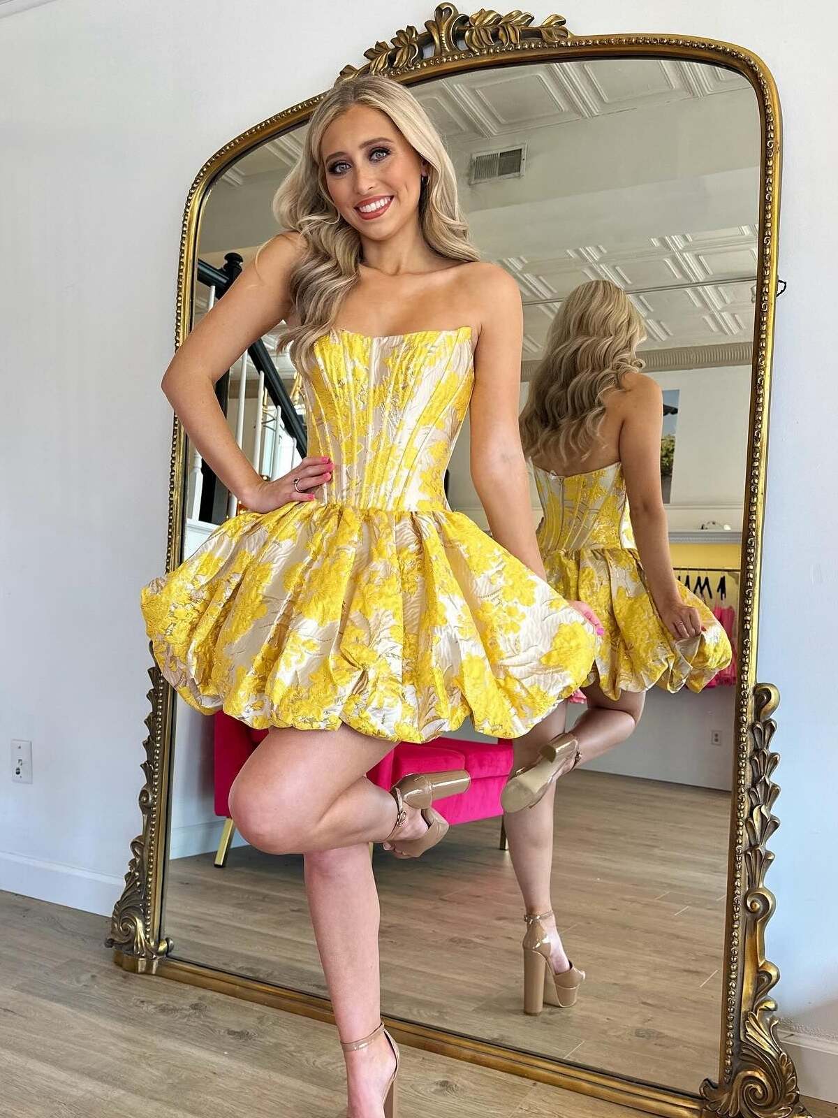 Strapless Satin Corset Floral Print Short Homecoming Dress