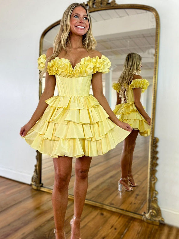 Dreamylily Women Yellow A-Line Off The Shoulder Tiered Satin Homecoming Dress Dreamylily Women Yellow A-Line Off The Shoulder Tiered Satin Homecoming Dress