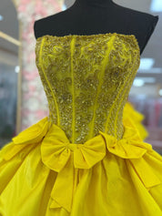 Yellow A-Line Strapless Short Satin Homecoming Dress With Beading