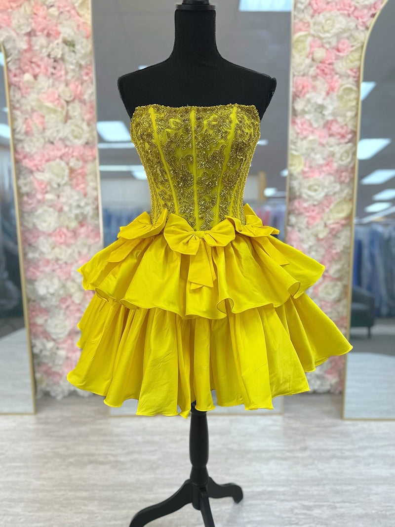 Yellow A-Line Strapless Short Satin Homecoming Dress With Beading
