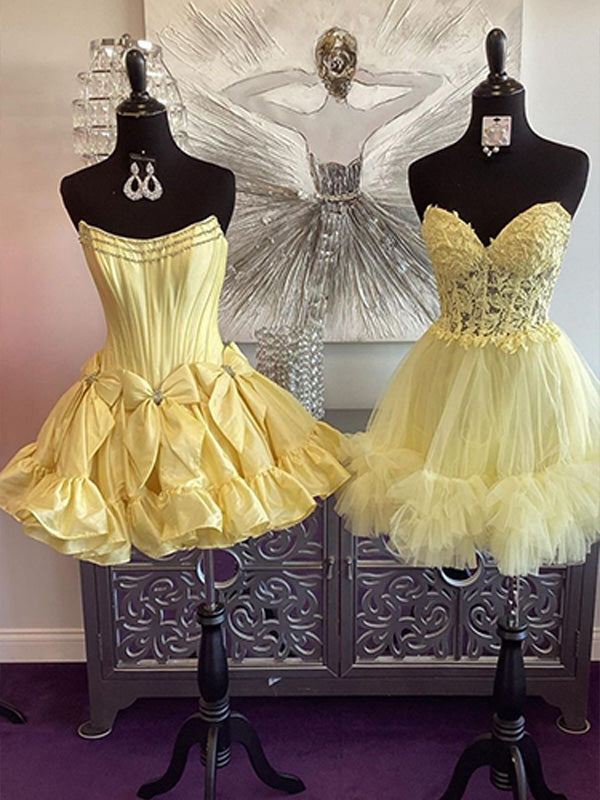 Yellow A-Line Strapless Short Satin Homecoming Dress With Bowknot