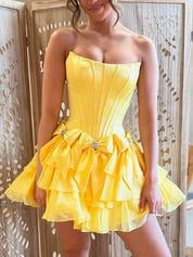 Yellow A-Line Strapless Short Satin Homecoming Dress With Bowknot