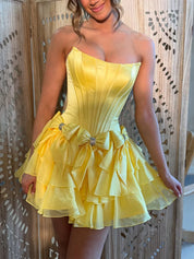 Yellow A-Line Strapless Short Satin Homecoming Dress With Bowknot