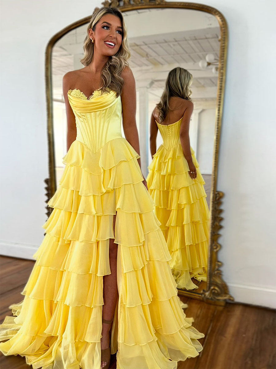 Dreamylily Women Yellow A Line Strapless Satin Corset Long Prom Dress with Ruffle Skirt Dreamylily Women Yellow A Line Strapless Satin Corset Long Prom Dress with Ruffle Skirt