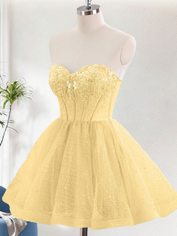Yellow A Line Sweetheat Corset Tulle Homecoming Dress with Sequins
