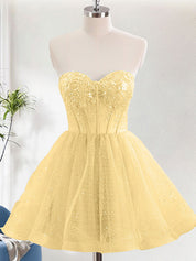 Yellow A Line Sweetheat Corset Tulle Homecoming Dress with Sequins