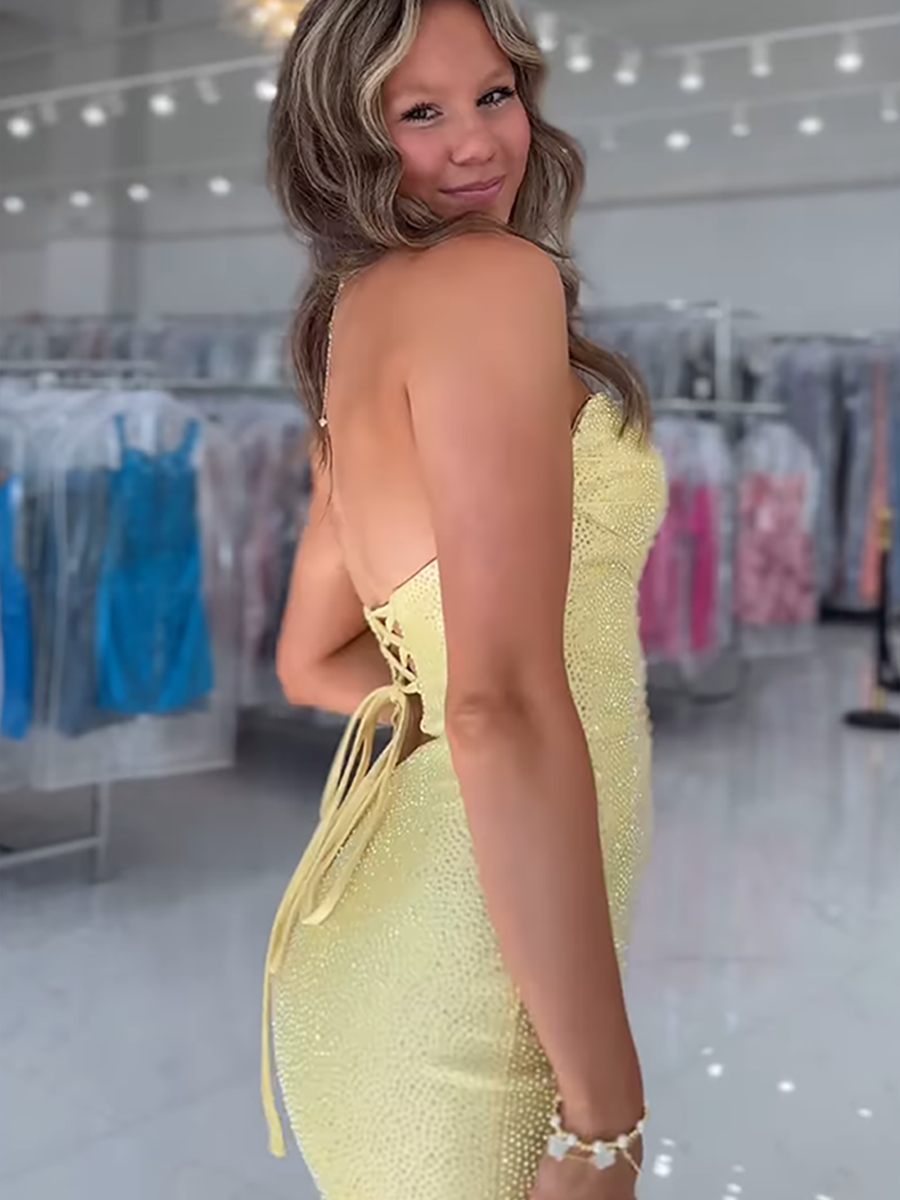 Yellow Bodycon Strapless Sweetheart Short Homecoming Dresses with Keyholes