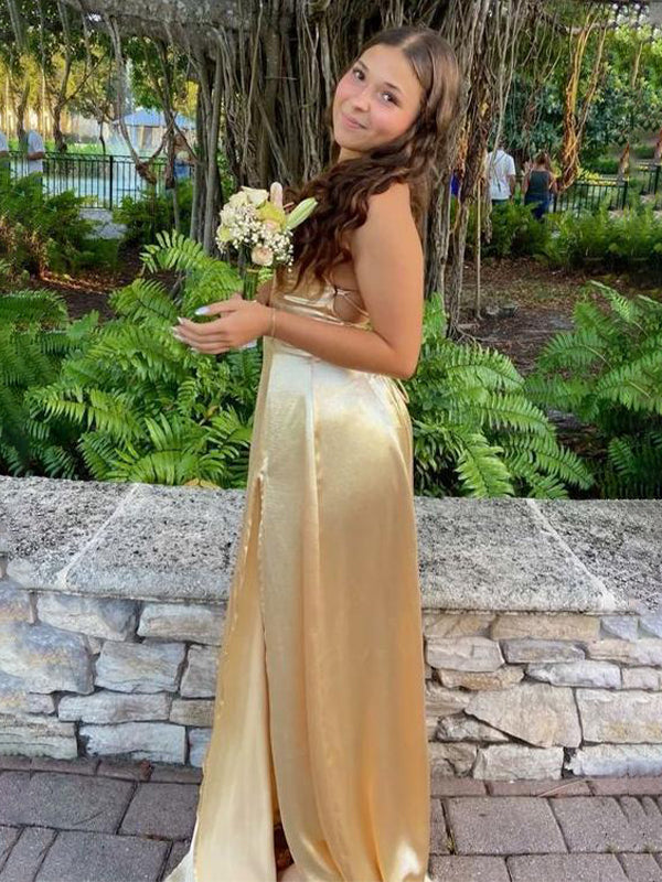 Yellow Mermaid Spaghetti Straps Prom Dress With Slit