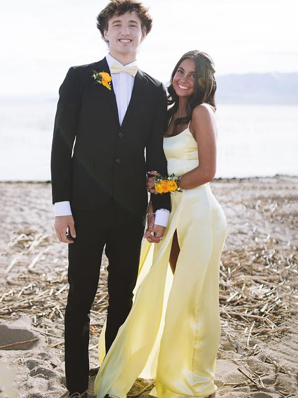 Yellow Mermaid Spaghetti Straps Prom Dress With Slit