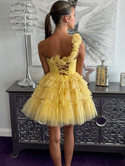 Yellow One Shoulder Lace Up Short Tulle Homecoming Dress