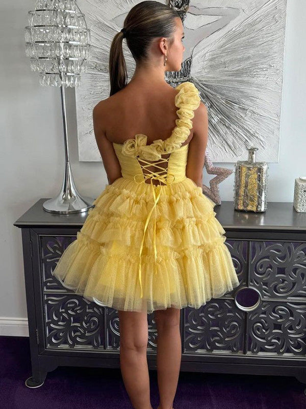 Yellow One Shoulder Lace Up Short Tulle Homecoming Dress