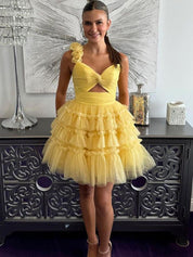 Yellow One Shoulder Lace Up Short Tulle Homecoming Dress