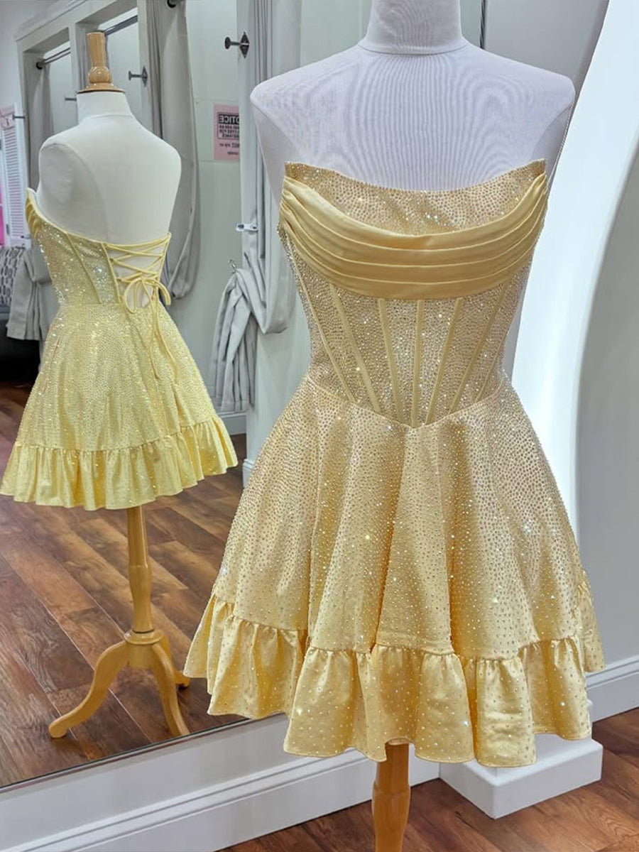 Yellow Strapless Beaded Short Homecoming Dress with Ruffle