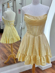 Yellow Strapless Beaded Short Homecoming Dress with Ruffle