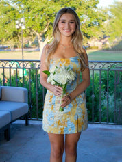 Yellow Strapless Jacquard Short Homecoming Dress with Slit